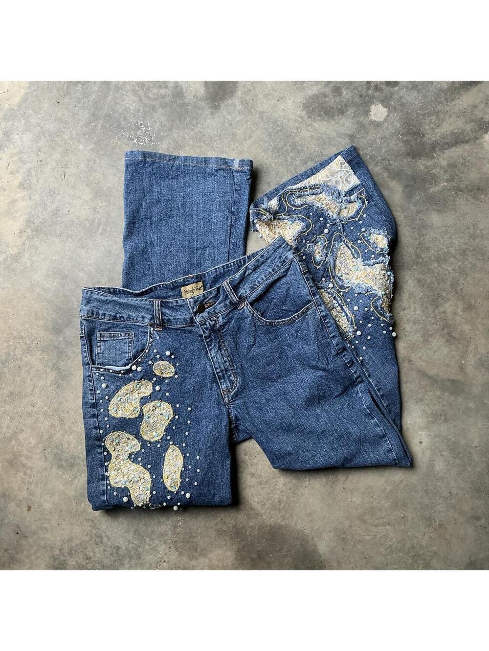 Y2K Midnight Velvet Embellished Bootcut Jeans ✨ Beaded Boho Denim